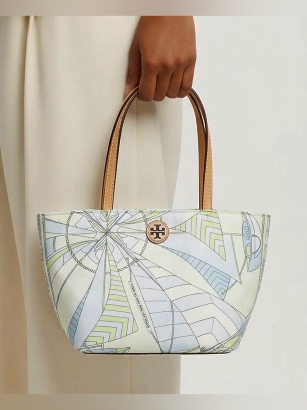 Tory Burch Nylon Printed Mini Tote Mint Sailboat Spiral 180304 NWT